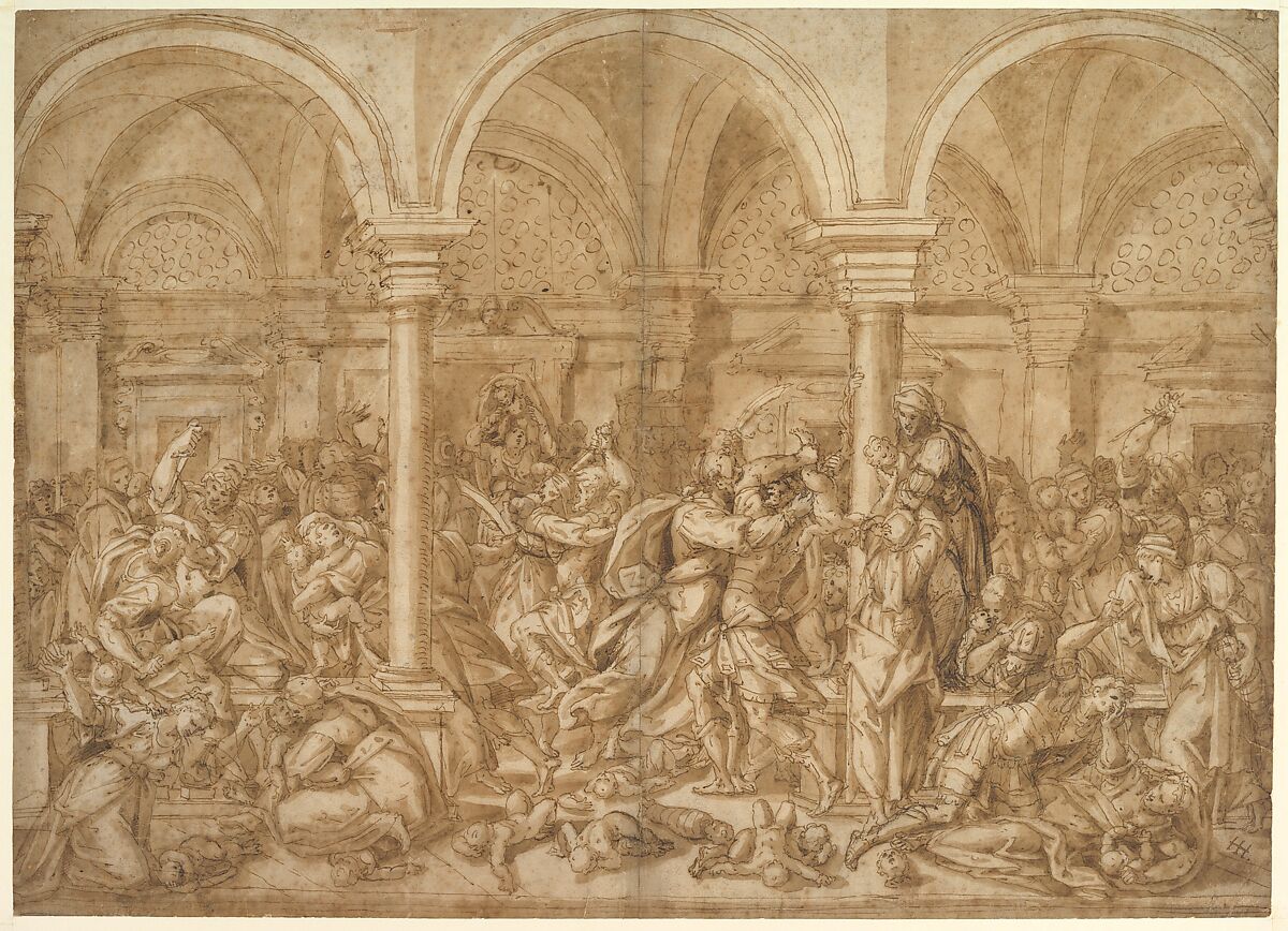 The Massacre of the Innocents, Giovanni Battista della Rovere (Italian, Milan ca. 1575–ca. 1630 Milan (?)), Pen and brown ink, brush and brown wash, over black chalk (recto); sketch for the decoration of a spandrel in pen and brown ink over red chalk (verso) 