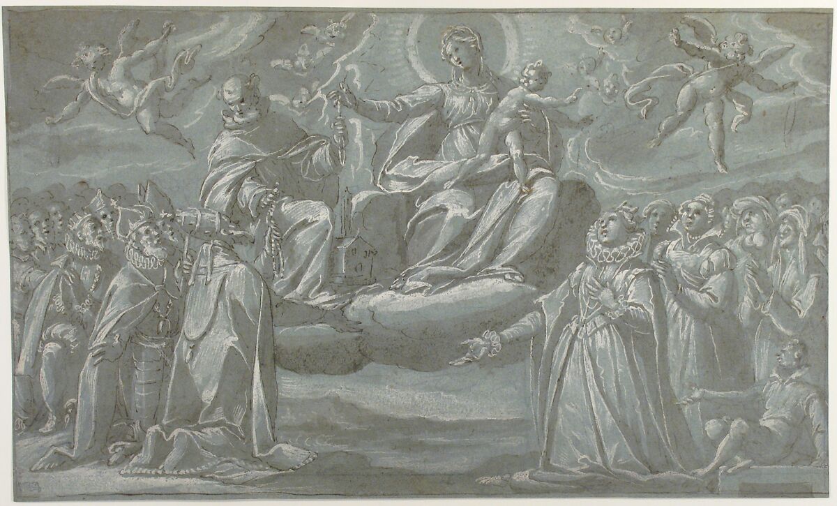 The Virgin and Child, Saint Dominic, and Angels Distributing Chaplets to the Faithful, Giovanni Mauro della Rovere (Italian, Milan ca. 1575–ca. 1640 Milan (?)), Pen and brown ink, brush and pale brown wash, highlighted with white, over traces of black chalk, on blue paper. All four borders of paper defined in pen and brown ink