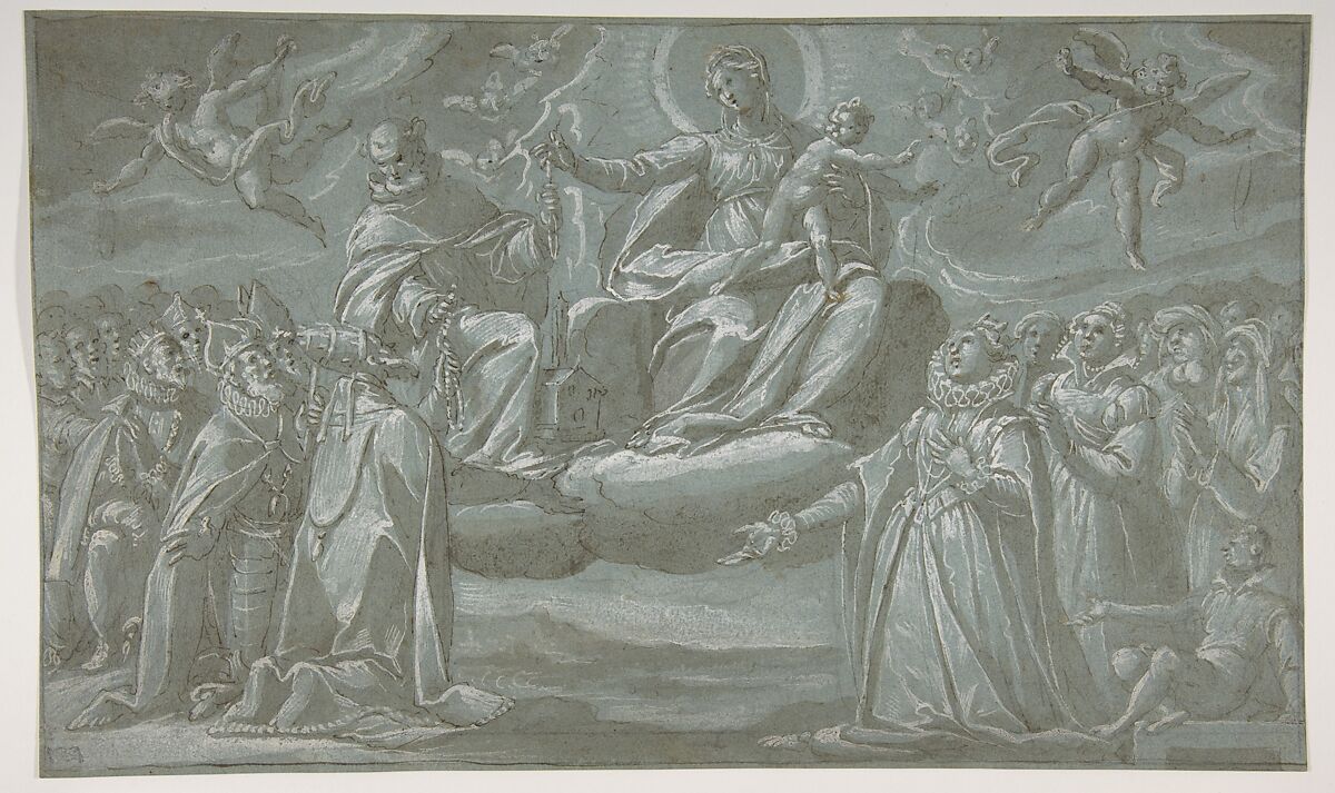 The Virgin and Child, Saint Dominic, and Angels Distributing Chaplets to the Faithful, Giovanni Mauro della Rovere (Italian, Milan ca. 1575–ca. 1640 Milan (?)), Pen and brown ink, brush and pale brown wash, highlighted with white, over traces of black chalk, on blue paper. All four borders of paper defined in pen and brown ink 