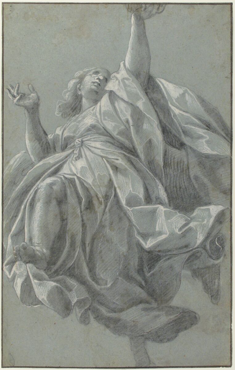 Flying Angel with Arms Upraised, Giovanni Mauro della Rovere (Italian, Milan ca. 1575–ca. 1640 Milan (?)), Black chalk, brush and gray wash, highlighted with white, on blue paper; framing lines in pen and dark brown ink