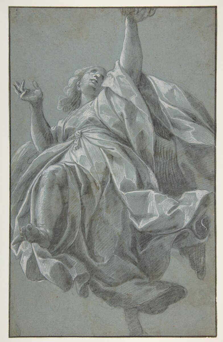 Flying Angel with Arms Upraised, Giovanni Mauro della Rovere (Italian, Milan ca. 1575–ca. 1640 Milan (?)), Black chalk, brush and gray wash, highlighted with white, on blue paper; framing lines in pen and dark brown ink 