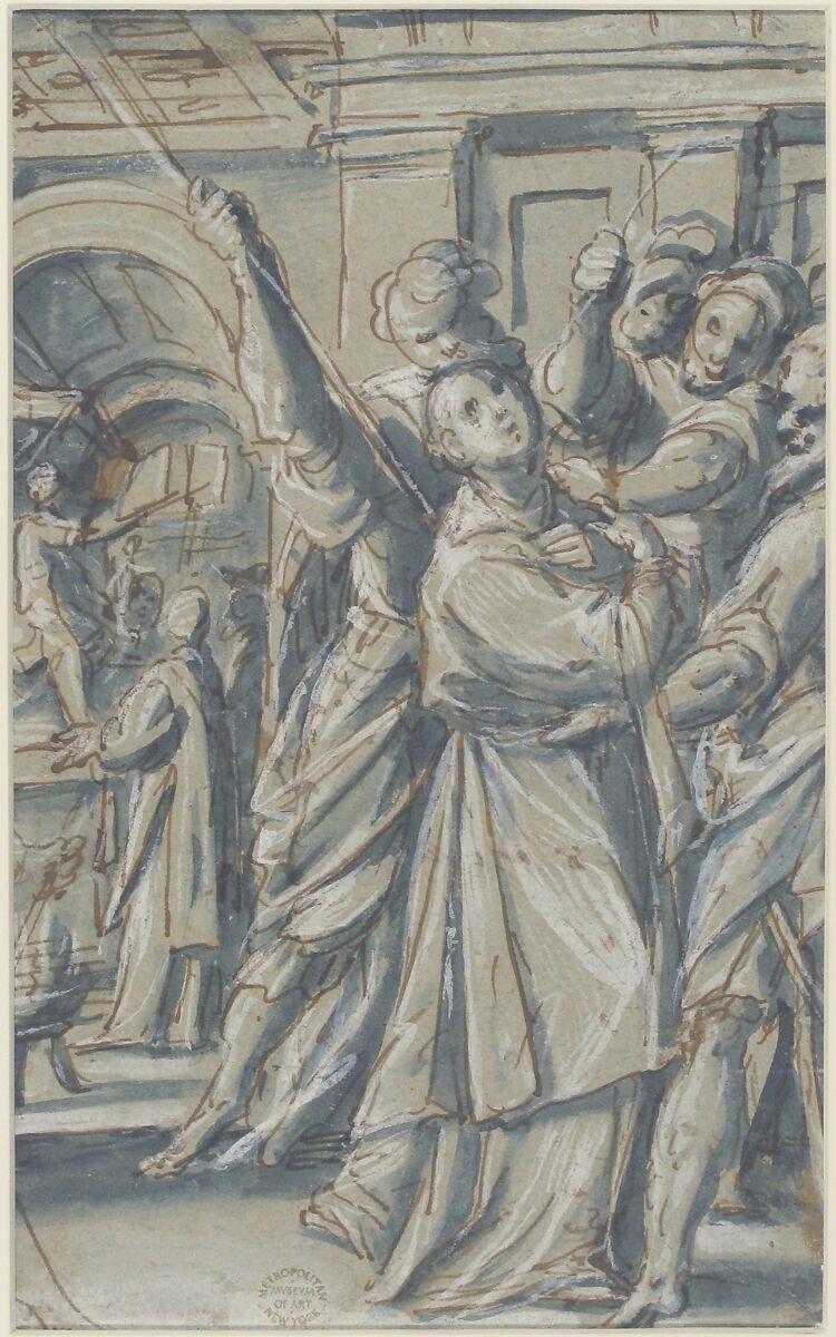 A Deacon Led to Martyrdom, Giovanni Mauro della Rovere (Italian, Milan ca. 1575–ca. 1640 Milan (?)), Pen and brown ink, brush and blue wash, highlighted with chinese white, on blue paper