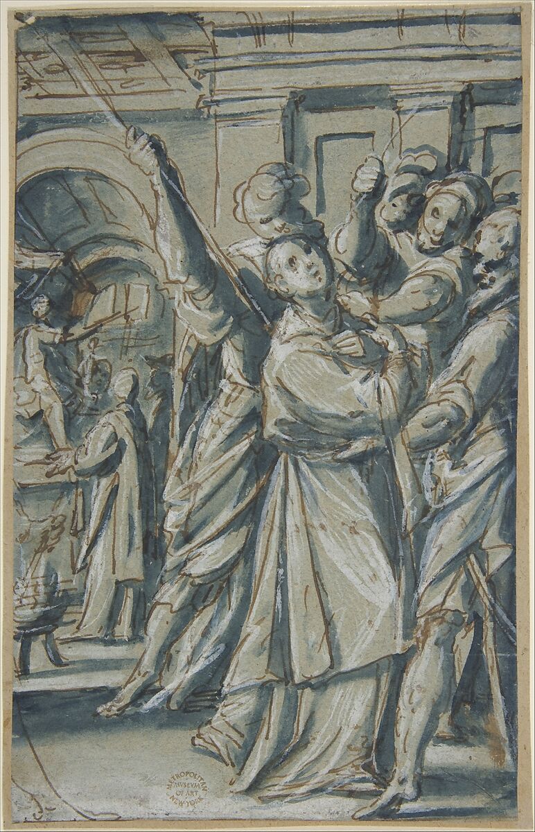 A Deacon Led to Martyrdom, Giovanni Mauro della Rovere (Italian, Milan ca. 1575–ca. 1640 Milan (?)), Pen and brown ink, brush and blue wash, highlighted with chinese white, on blue paper 