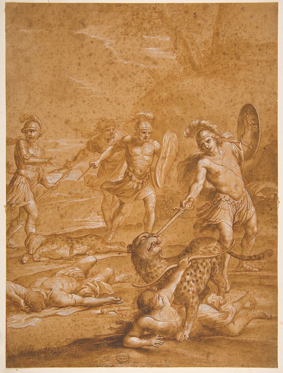 The Shipwrecked Alphone Rescues Lisamante from a Panther, After Andrea Sacchi (Italian, Rome (?) ca. 1599–1661 Rome), Pen and brown ink, brown wash highlighted with white, on brownish paper 