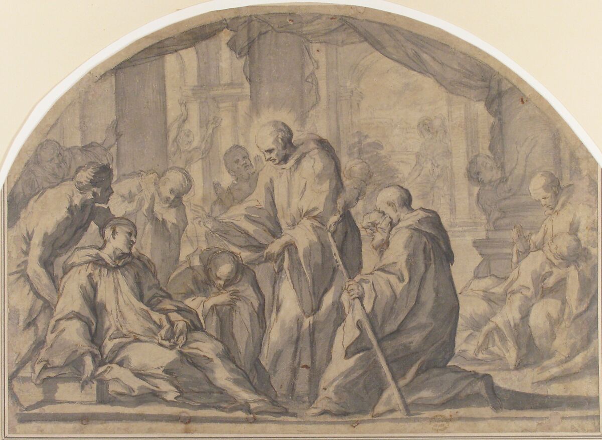 A Carthusian Saint Visiting the Plague Stricken, Andrea Sacchi (Italian, Rome (?) ca. 1599–1661 Rome) (?), Pen and brown ink, gray wash, and black chalk on paper