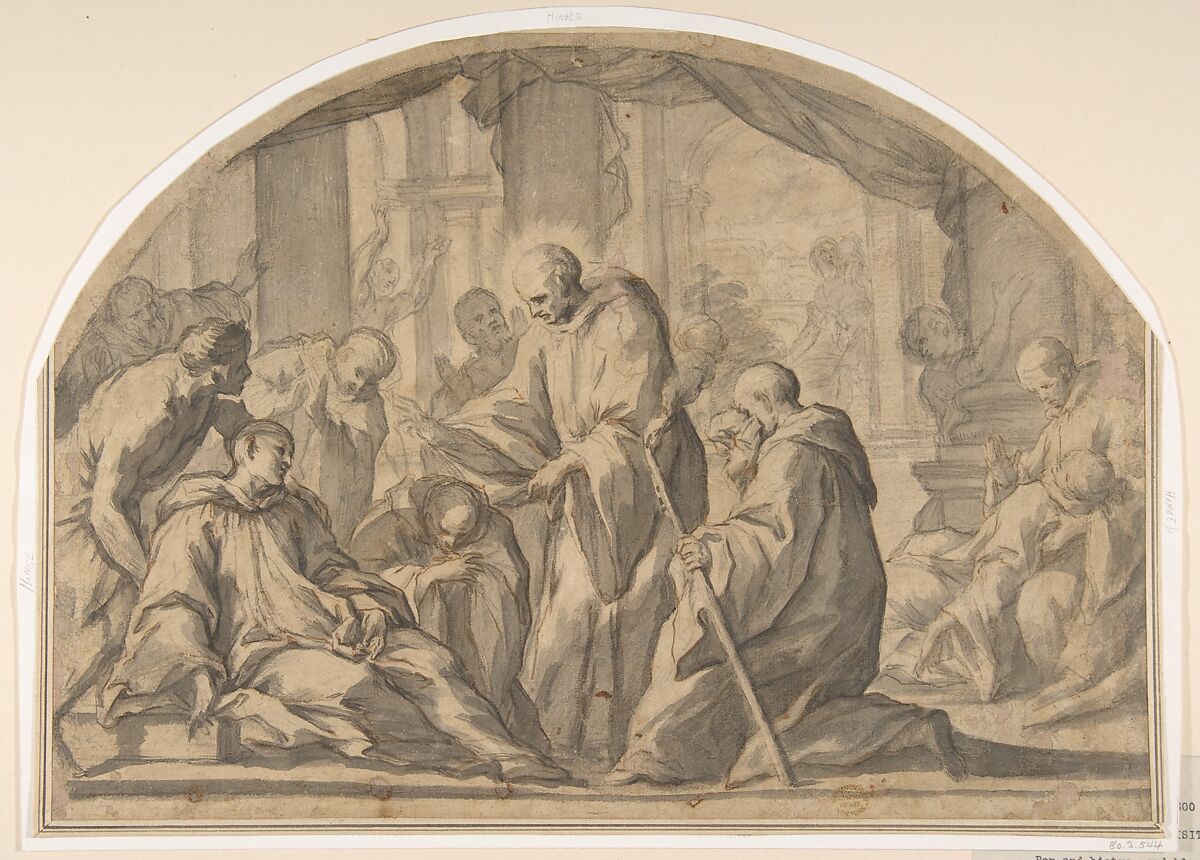 A Carthusian Saint Visiting the Plague Stricken, Andrea Sacchi (Italian, Rome (?) ca. 1599–1661 Rome) (?), Pen and brown ink, gray wash, and black chalk on paper 