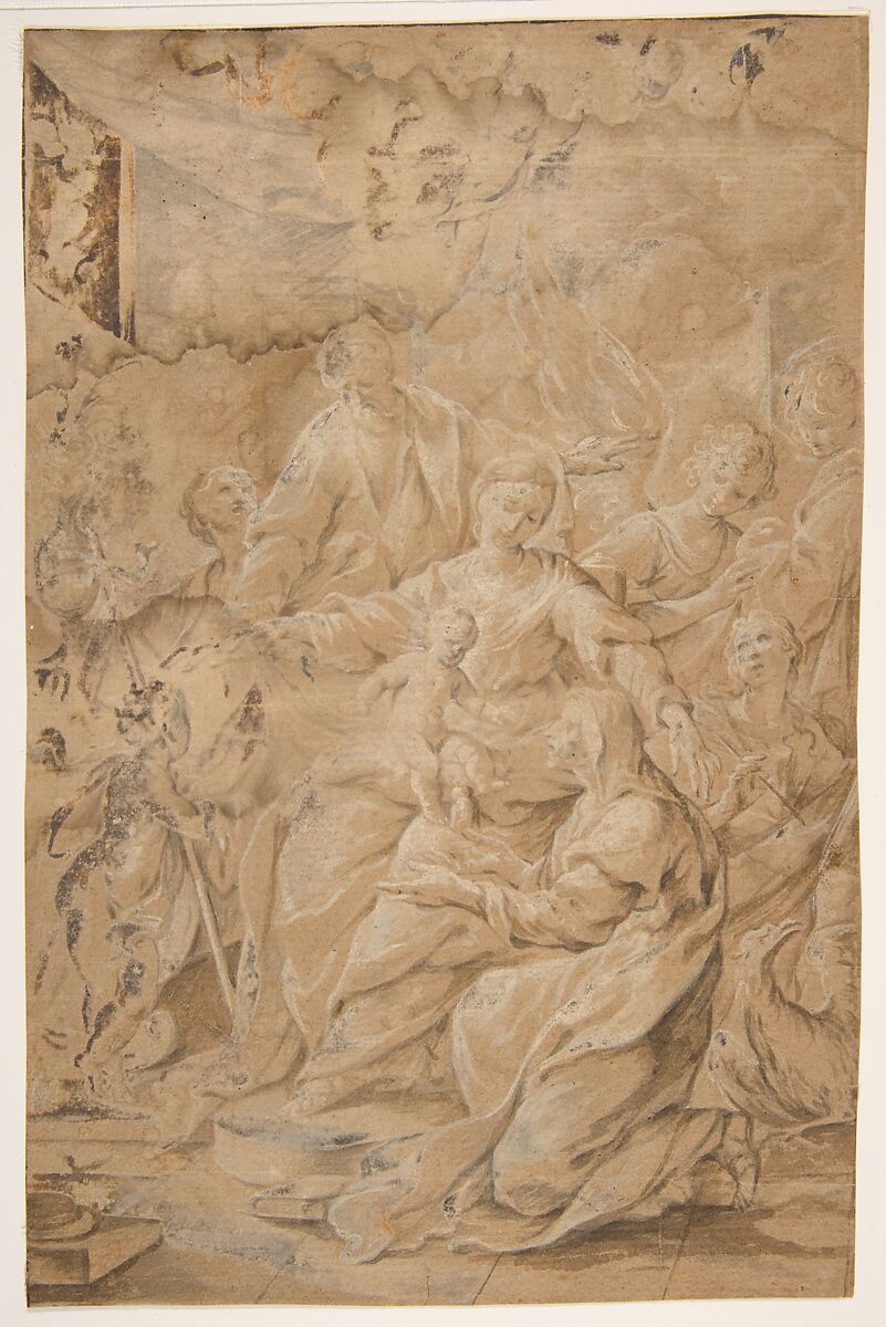 Holy Family, attributed to Andrea Sacchi (Italian, Rome (?) ca. 1599–1661 Rome), Brush and brown wash, heightened with white on tan paper 