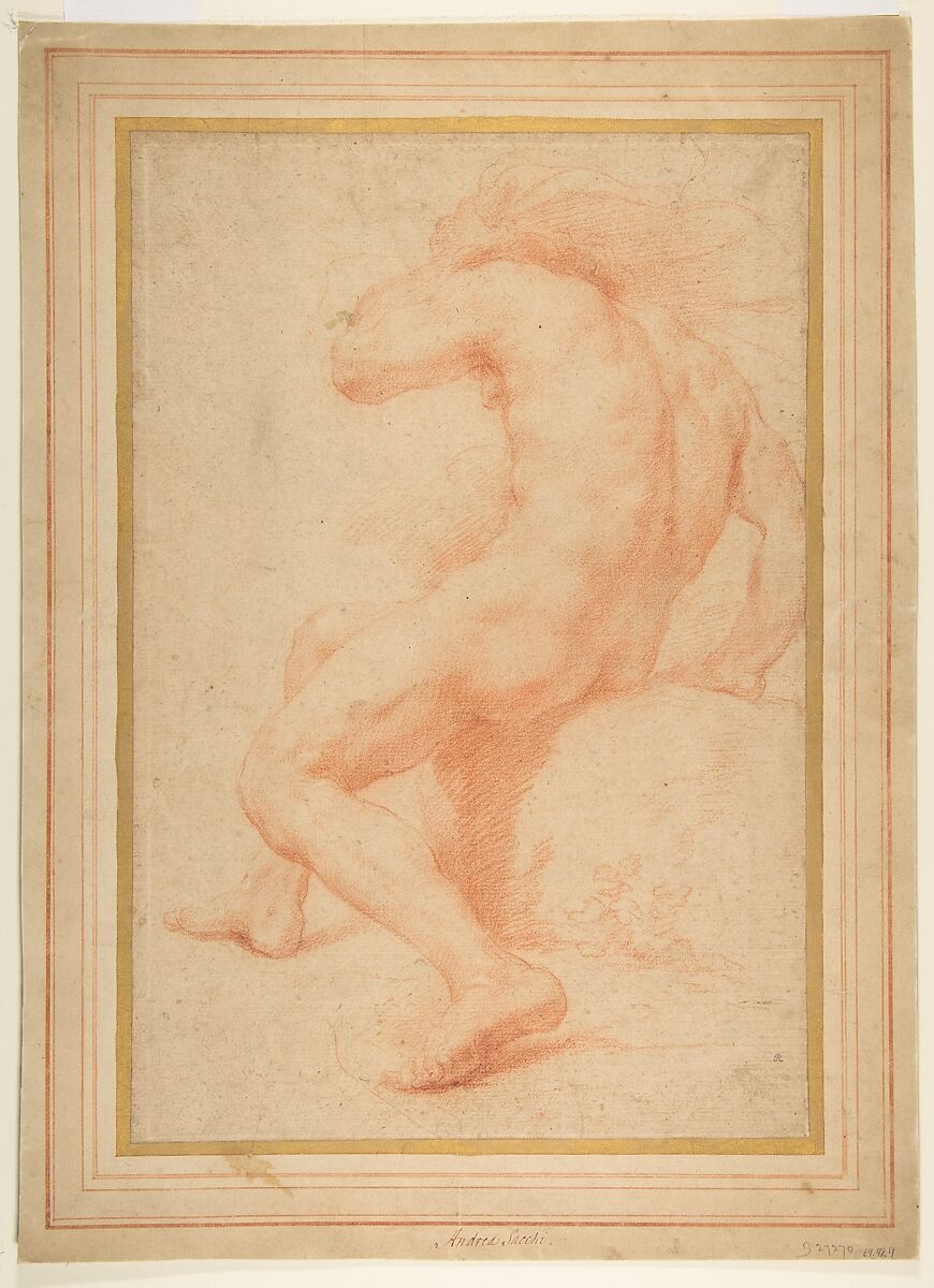 Back View of a Seated Male Nude, Circle of Andrea Sacchi (Italian, Rome (?) ca. 1599–1661 Rome), Red chalk on pale brown paper 