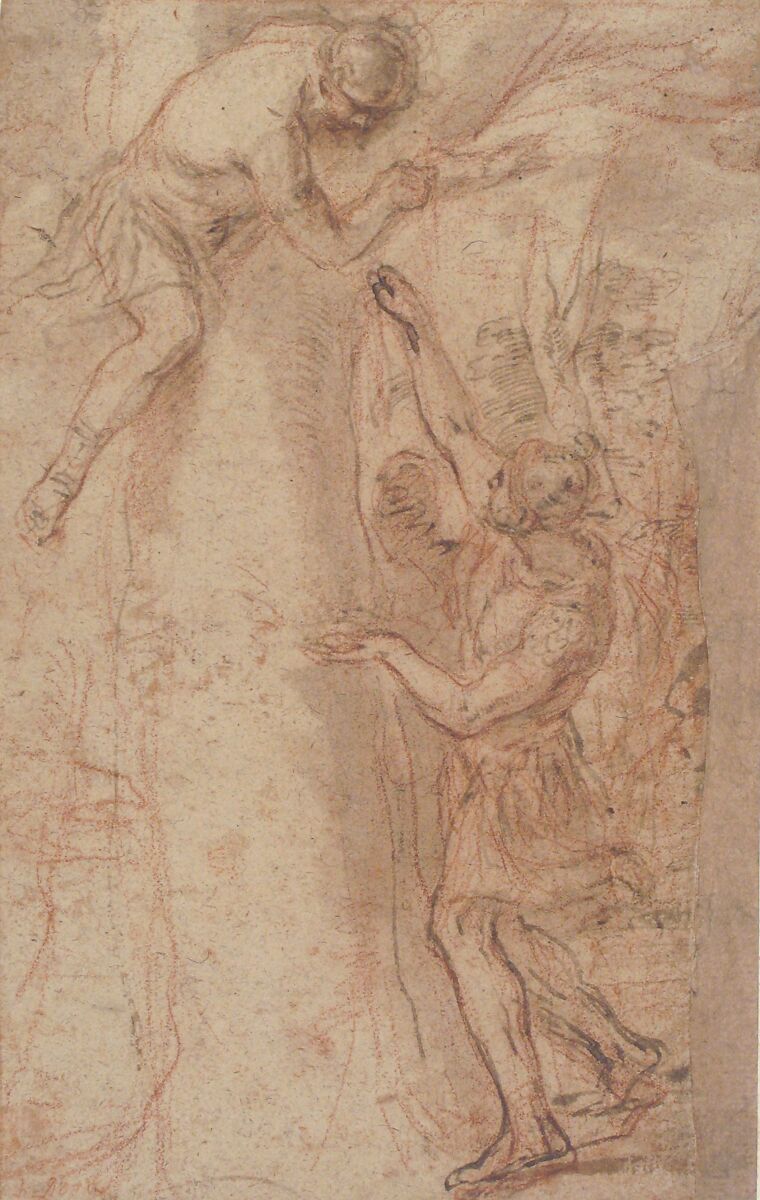 Two Warriors, One Standing, The Other Clinging to a Tree, Andrea Sacchi (Italian, Rome (?) ca. 1599–1661 Rome), Red chalk, reworked with pen and brown ink and brush and brown wash, on light-brown paper. The verso has been rubbed entirely with red chalk, possibly for transfer, although there are no stylus indentations