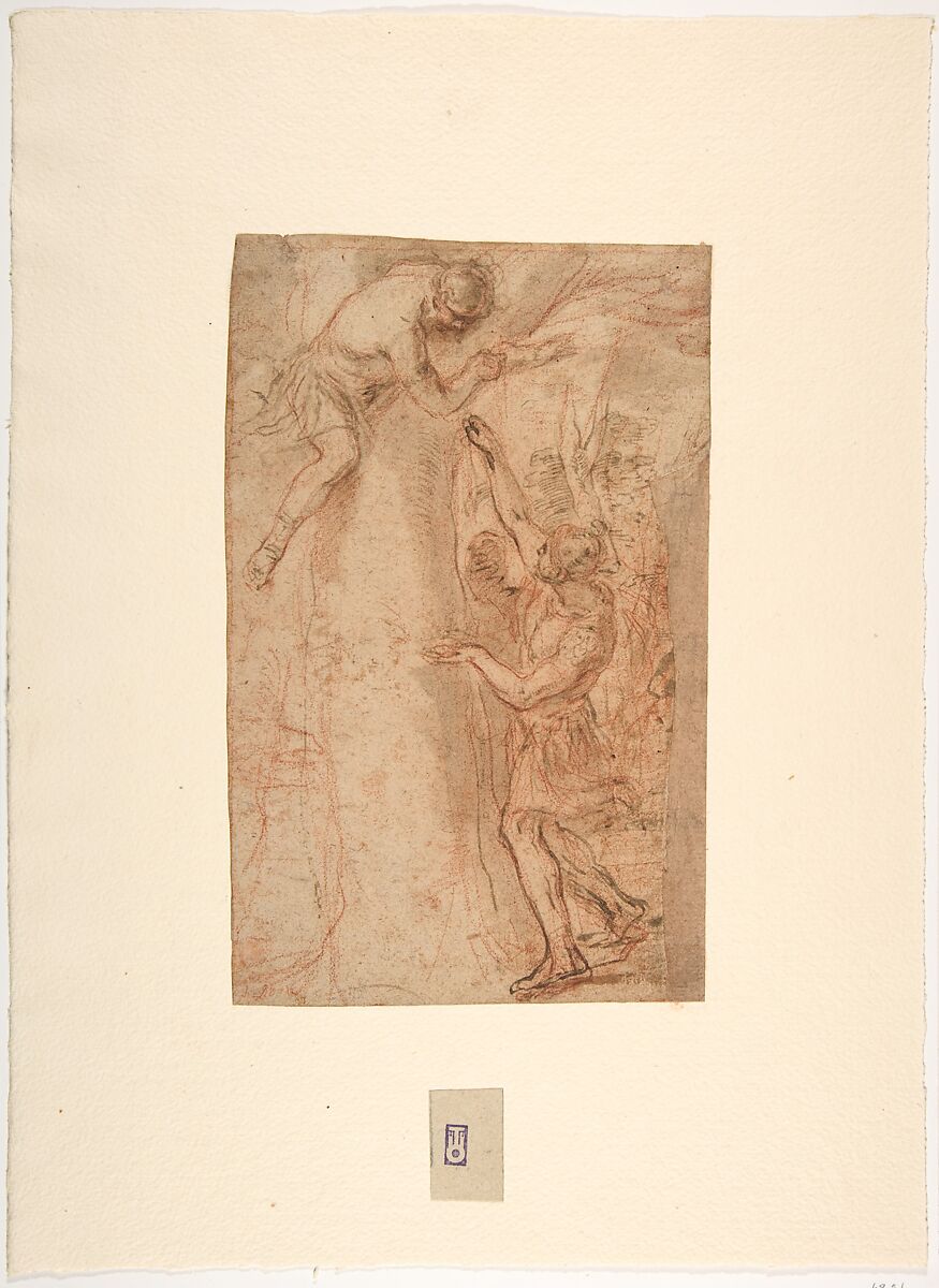 Two Warriors, One Standing, The Other Clinging to a Tree, Andrea Sacchi (Italian, Rome (?) ca. 1599–1661 Rome), Red chalk, reworked with pen and brown ink and brush and brown wash, on light-brown paper. The verso has been rubbed entirely with red chalk, possibly for transfer, although there are no stylus indentations 
