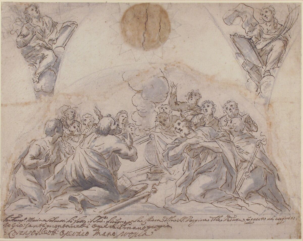 The Apostles at the Tomb of the Virgin, and Studies for Two Pendentives, Francesco Maria Salvetti (Italian, Florence (?) 1691–1758 Florence (?)), Pen and brown ink, brush and brown and gray wash, over black chalk. The perimeter of the lunette incised with a compass. An embossed parochial stamp affixed with sealing wax at top center of sheet
