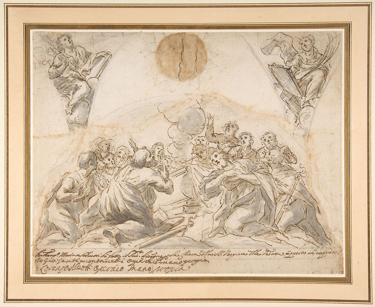The Apostles at the Tomb of the Virgin, and Studies for Two Pendentives, Francesco Maria Salvetti (Italian, Florence (?) 1691–1758 Florence (?)), Pen and brown ink, brush and brown and gray wash, over black chalk. The perimeter of the lunette incised with a compass. An embossed parochial stamp affixed with sealing wax at top center of sheet 