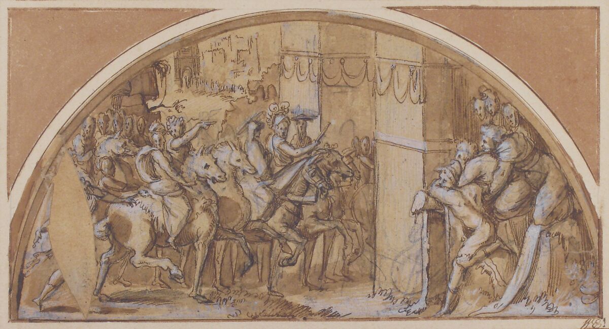 Triumphal Entry into a City, Francesco Salviati (Francesco de' Rossi) (Italian, Florence 1510–1563 Rome), Pen and brown ink, brush and brown wash, highlighted with white, over black chalk, on beige paper