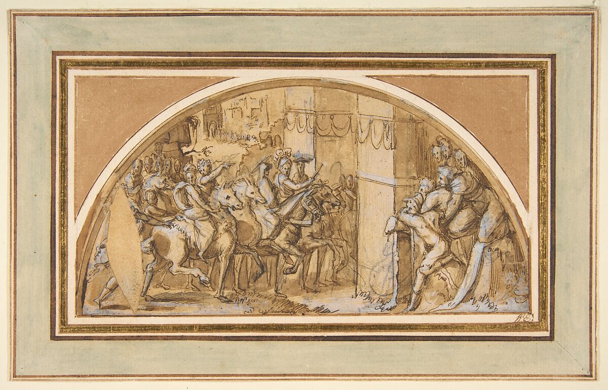 Triumphal Entry into a City, Francesco Salviati (Francesco de&#39; Rossi) (Italian, Florence 1510–1563 Rome), Pen and brown ink, brush and brown wash, highlighted with white, over black chalk, on beige paper 