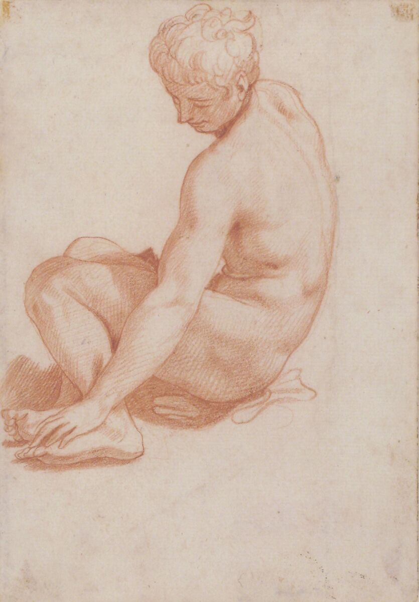 Seated Male Nude, Francesco Salviati (Francesco de' Rossi) (Italian, Florence 1510–1563 Rome), Red chalk
