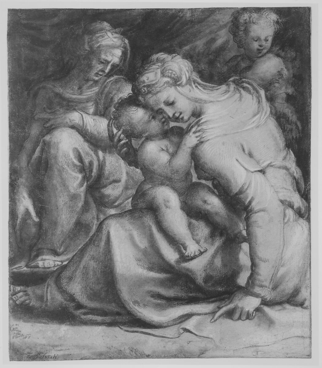 Virgin and Child with Saint Anne and John the Baptist, Francesco Salviati (Francesco de' Rossi) (Italian, Florence 1510–1563 Rome), Pen and brown ink, brush and brown wash, over black chalk, highlighted with white and light pink gouache