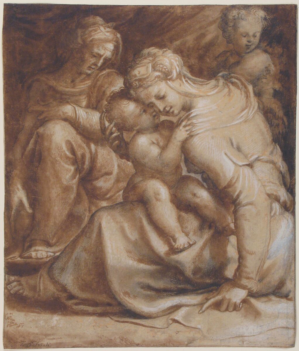 Virgin and Child with Saint Anne and John the Baptist, Francesco Salviati (Francesco de' Rossi) (Italian, Florence 1510–1563 Rome), Pen and brown ink, brush and brown wash, over black chalk, highlighted with white and light pink gouache