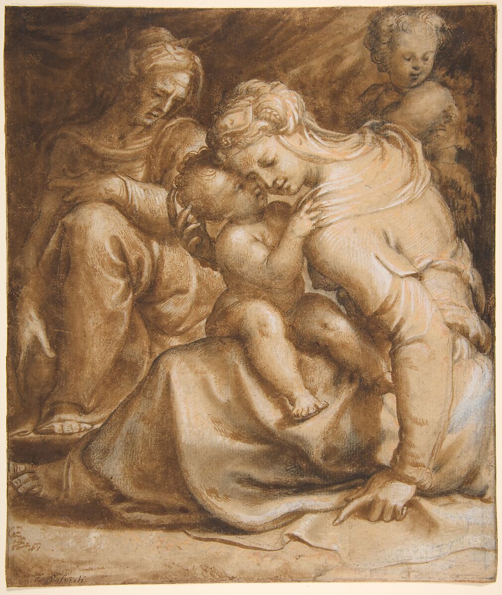 Virgin and Child with Saint Anne and John the Baptist, Francesco Salviati (Francesco de&#39; Rossi) (Italian, Florence 1510–1563 Rome), Pen and brown ink, brush and brown wash, over black chalk, highlighted with white and light pink gouache 