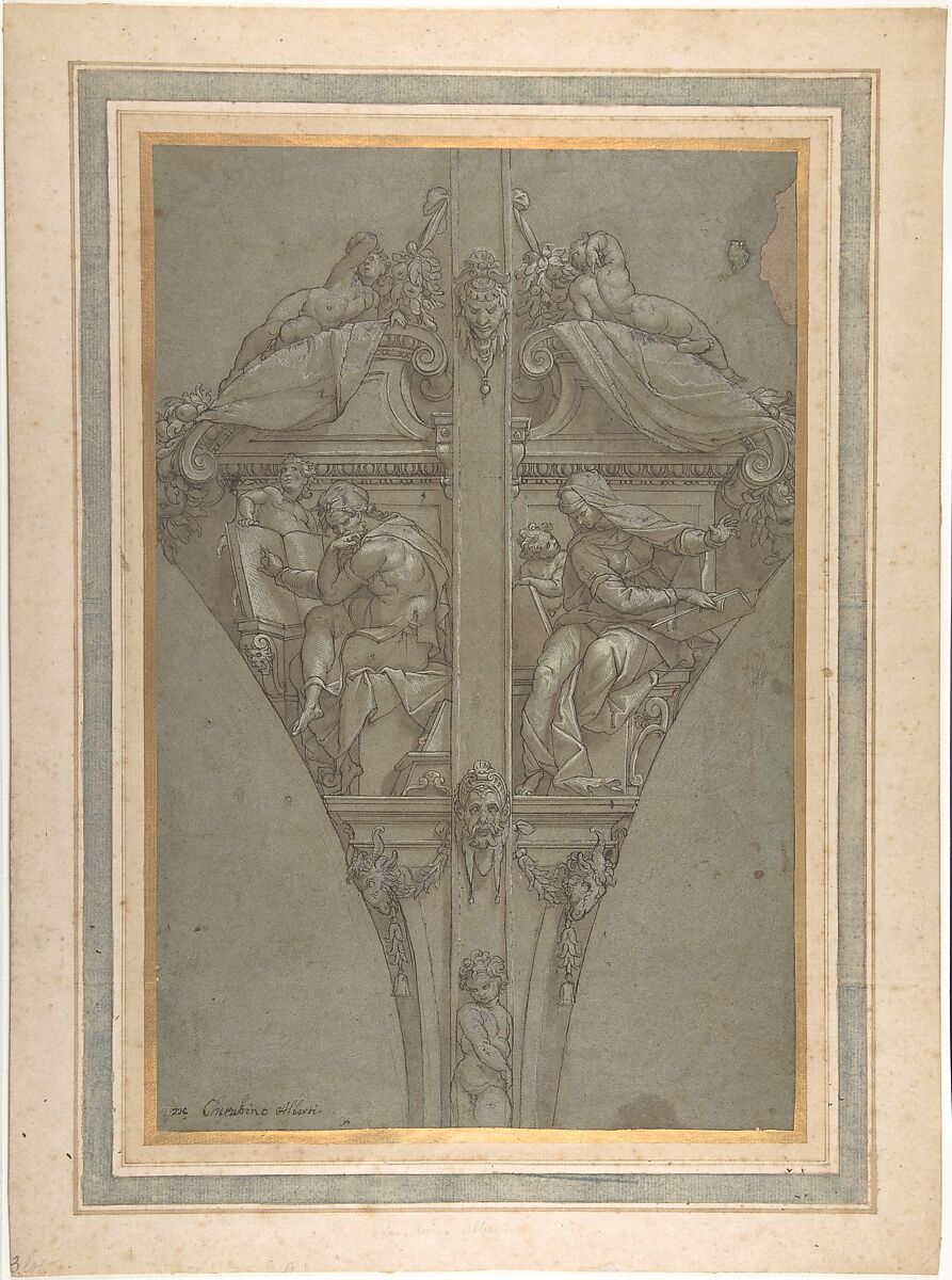 Study for the Decoration of a Vault, Orazio Samacchini (Italian, Bologna 1532–1577 Bologna), Pen and brown ink, brush and brown wash, highlighted with white, over black chalk, on blue-green paper 
