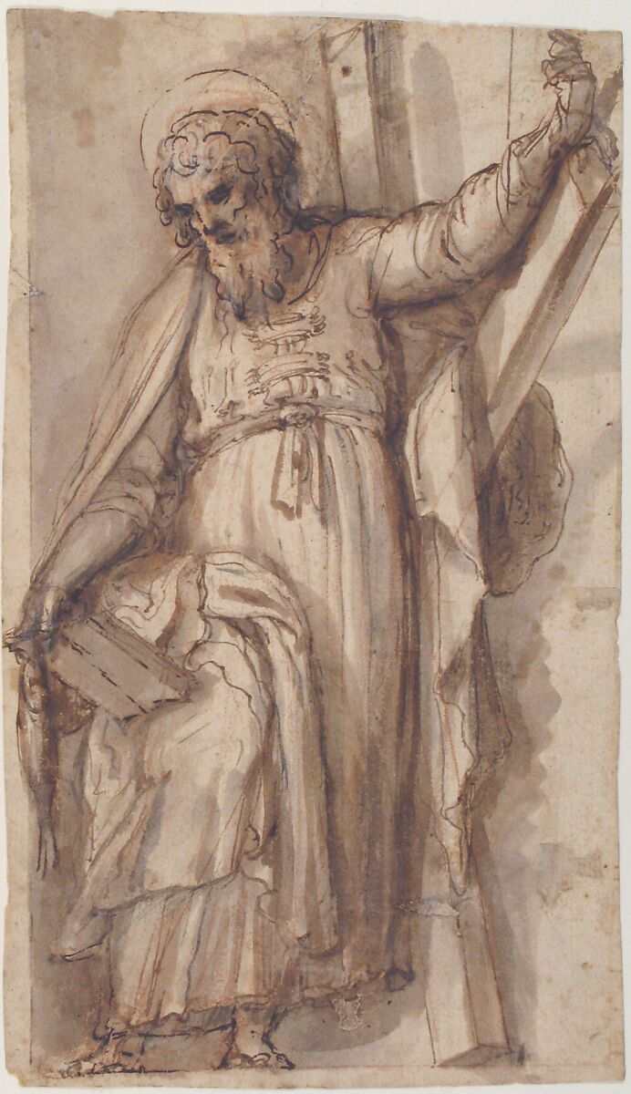 Saint Andrew, Apostle, with Transverse Cross, Book, and Fish, (recto); Architectural sketch (verso), Fabrizio Santafede (Italian, documented Naples, 1576–1623), Pen and brown ink, brush and gray-brown wash, over red chalk (recto);
 red chalk (verso)