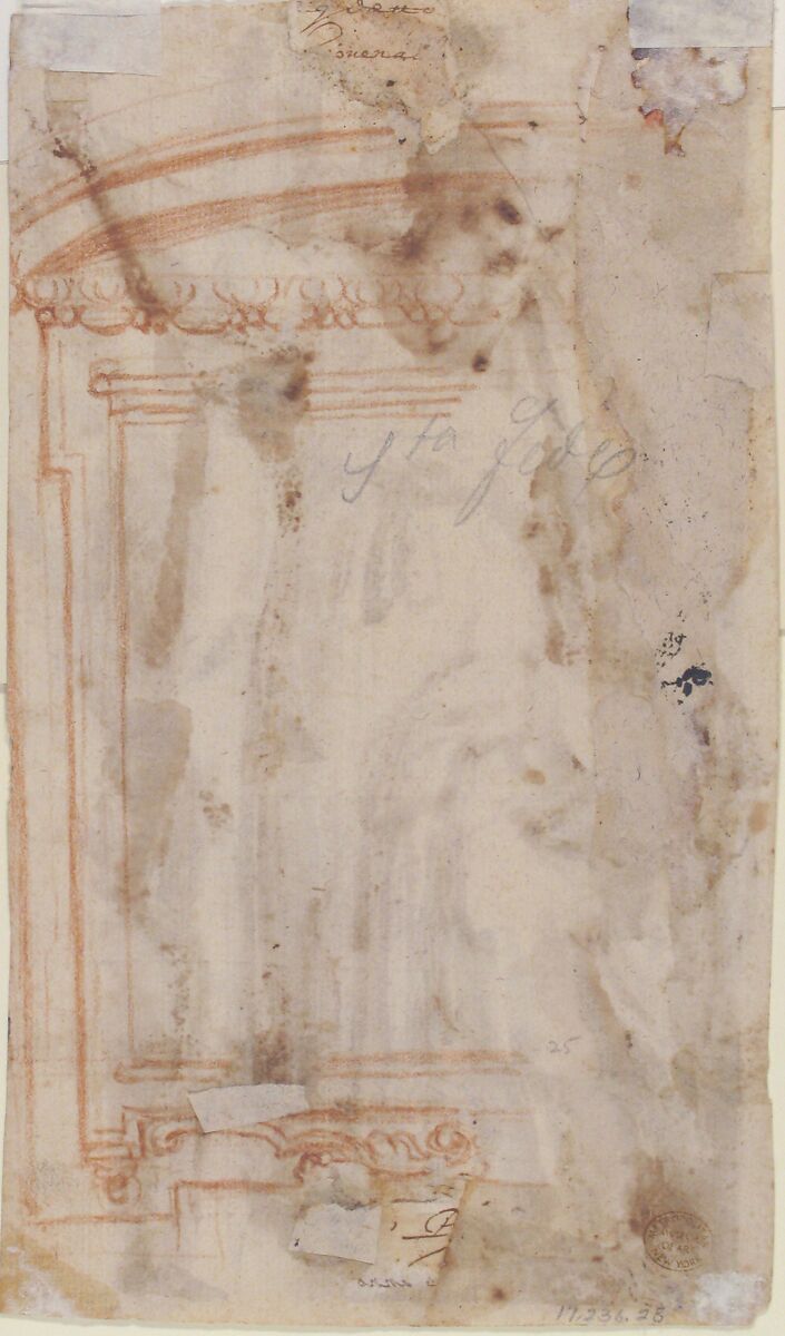 Saint Andrew, Apostle, with Transverse Cross, Book, and Fish, (recto); Architectural sketch (verso), Fabrizio Santafede (Italian, documented Naples, 1576–1623), Pen and brown ink, brush and gray-brown wash, over red chalk (recto);
 red chalk (verso)