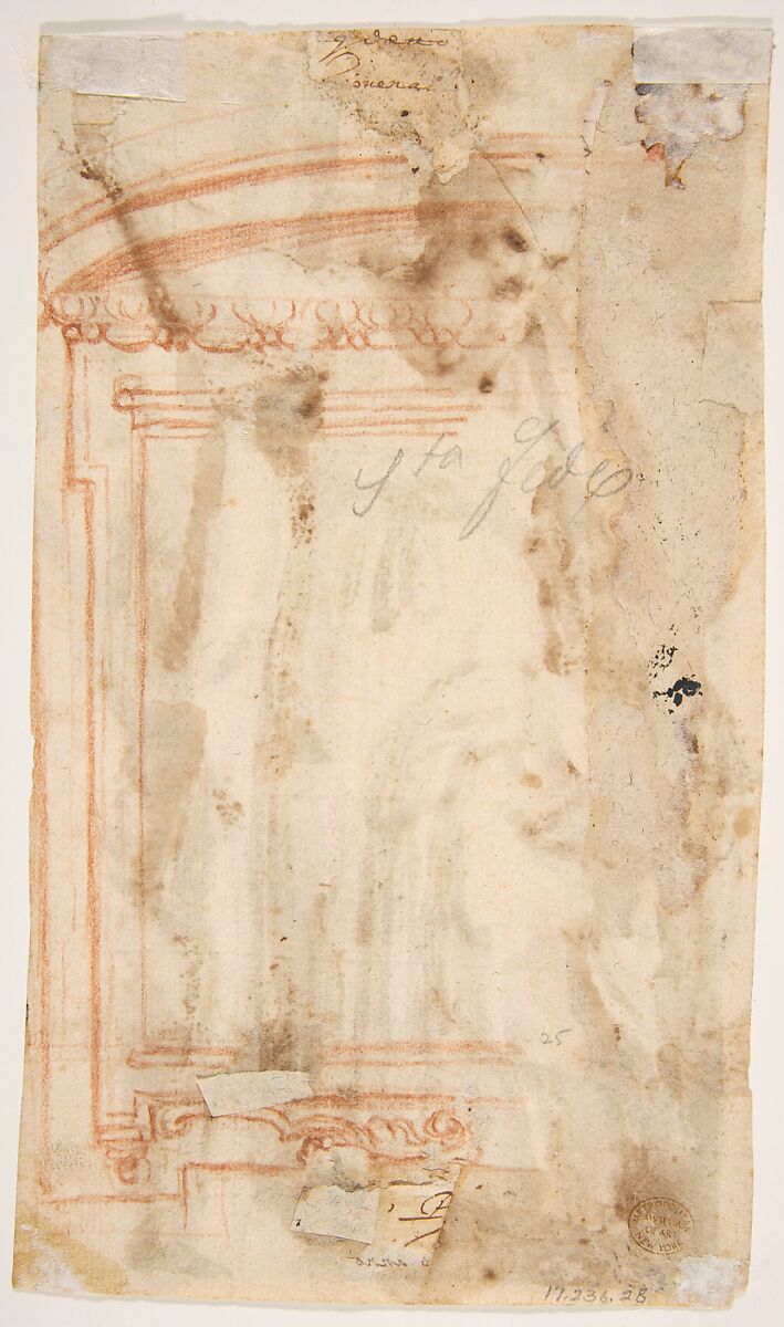 Saint Andrew, Apostle, with Transverse Cross, Book, and Fish, (recto); Architectural sketch (verso), Fabrizio Santafede (Italian, documented Naples, 1576–1623), Pen and brown ink, brush and gray-brown wash, over red chalk (recto);
 red chalk (verso)