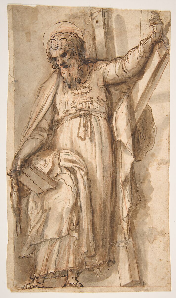 Saint Andrew, Apostle, with Transverse Cross, Book, and Fish, (recto); Architectural sketch (verso), Fabrizio Santafede (Italian, documented Naples, 1576–1623), Pen and brown ink, brush and gray-brown wash, over red chalk (recto);
 red chalk (verso) 