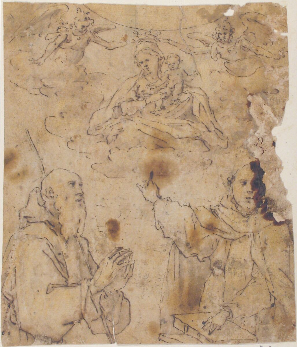 Virgin and Child with two angels appearing to two saints, Fabrizio Santafede (Italian, documented Naples, 1576–1623), Pen and brown ink