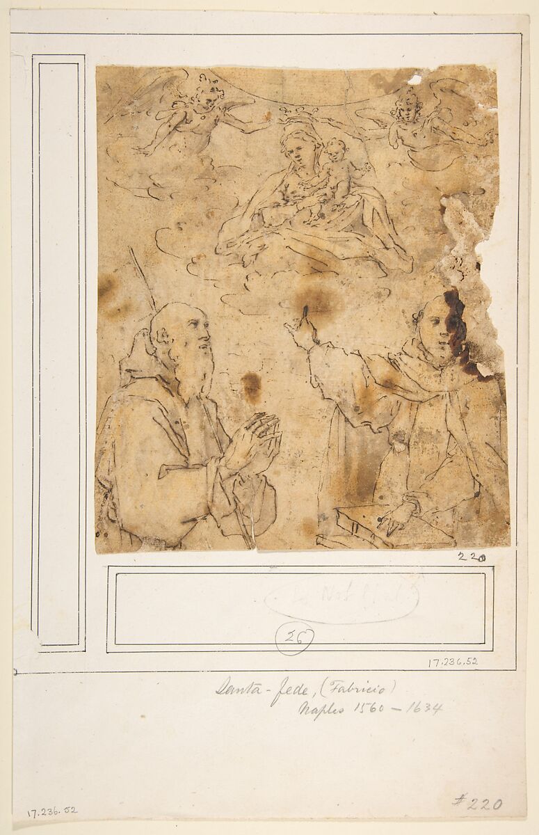 Virgin and Child with two angels appearing to two saints, Fabrizio Santafede (Italian, documented Naples, 1576–1623), Pen and brown ink 
