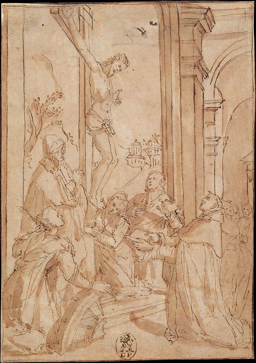 St. Thomas Aquinas Presenting His Work to the Crucified Christ, Santi di Tito (Italian, Sansepolcro 1536–1603 Florence), Pen and brown ink, brown wash, over traces of black chalk