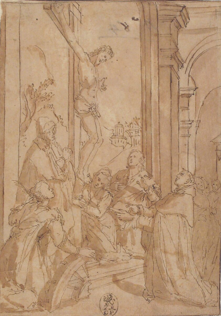 St. Thomas Aquinas Presenting His Work to the Crucified Christ, Santi di Tito (Italian, Sansepolcro 1536–1603 Florence), Pen and brown ink, brown wash, over traces of black chalk