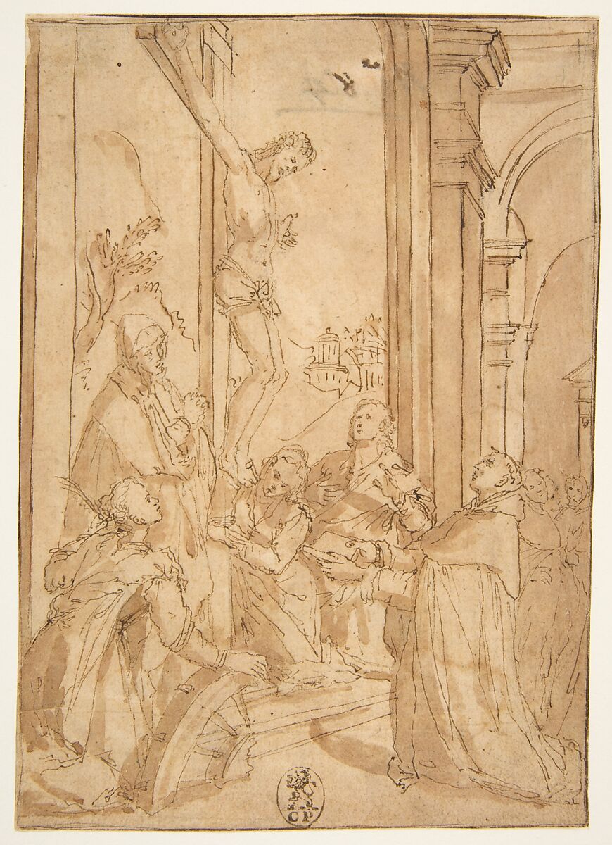 St. Thomas Aquinas Presenting His Work to the Crucified Christ, Santi di Tito (Italian, Sansepolcro 1536–1603 Florence), Pen and brown ink, brown wash, over traces of black chalk 