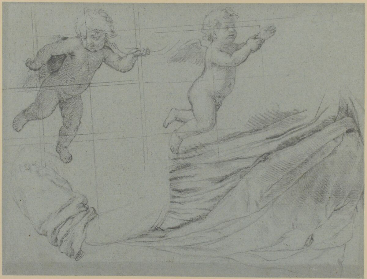 Studies of Two Flying Putti and of Drapery (recto); Seated Virgin and Child, and Kneeling Child (verso), Sassoferrato (Giovanni Battista Salvi) (Italian, Sassoferrato 1609–1685 Rome), Black chalk on blue paper; squared in black chalk