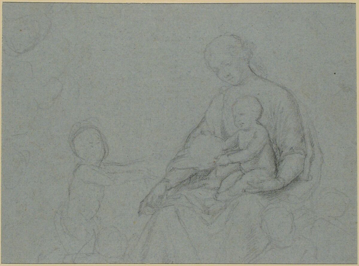 Studies of Two Flying Putti and of Drapery (recto); Seated Virgin and Child, and Kneeling Child (verso), Sassoferrato (Giovanni Battista Salvi) (Italian, Sassoferrato 1609–1685 Rome), Black chalk on blue paper; squared in black chalk