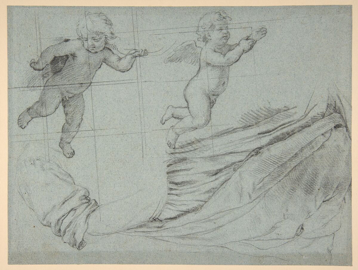 Studies of Two Flying Putti and of Drapery (recto); Seated Virgin and Child, and Kneeling Child (verso), Sassoferrato (Giovanni Battista Salvi) (Italian, Sassoferrato 1609–1685 Rome), Black chalk on blue paper; squared in black chalk 