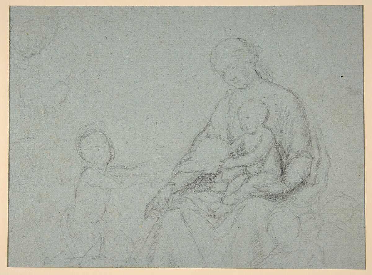 Studies of Two Flying Putti and of Drapery (recto); Seated Virgin and Child, and Kneeling Child (verso), Sassoferrato (Giovanni Battista Salvi) (Italian, Sassoferrato 1609–1685 Rome), Black chalk on blue paper; squared in black chalk