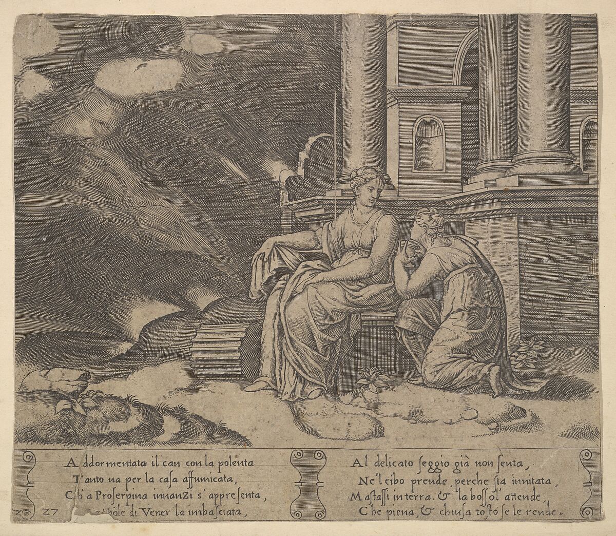 Plate 27: Proserpina gives Psyche the box of beauty, from 'The Fable of Cupid and Psyche', Master of the Die (Italian, active Rome, ca. 1530–60), Engraving 