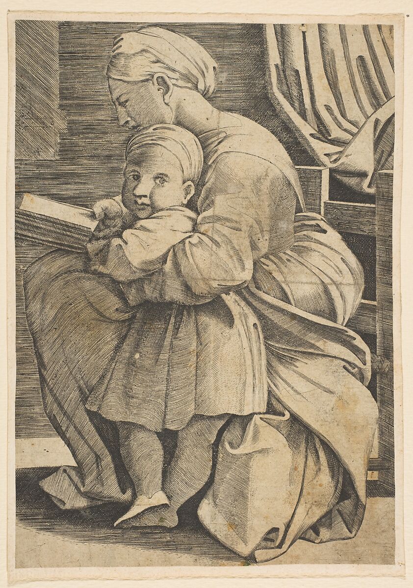 The Virgin reading with the infant Christ; woman seated in profile facing left and reading with an arm around a child who looks out toward the viewer, Anonymous, Italian, 16th to early 17th century, Engraving 