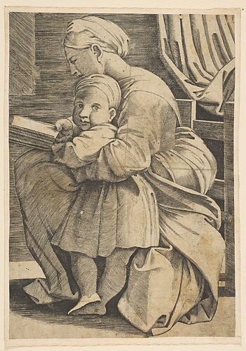 The Virgin reading with the infant Christ; woman seated in profile facing left and reading with an arm around a child who looks out toward the viewer