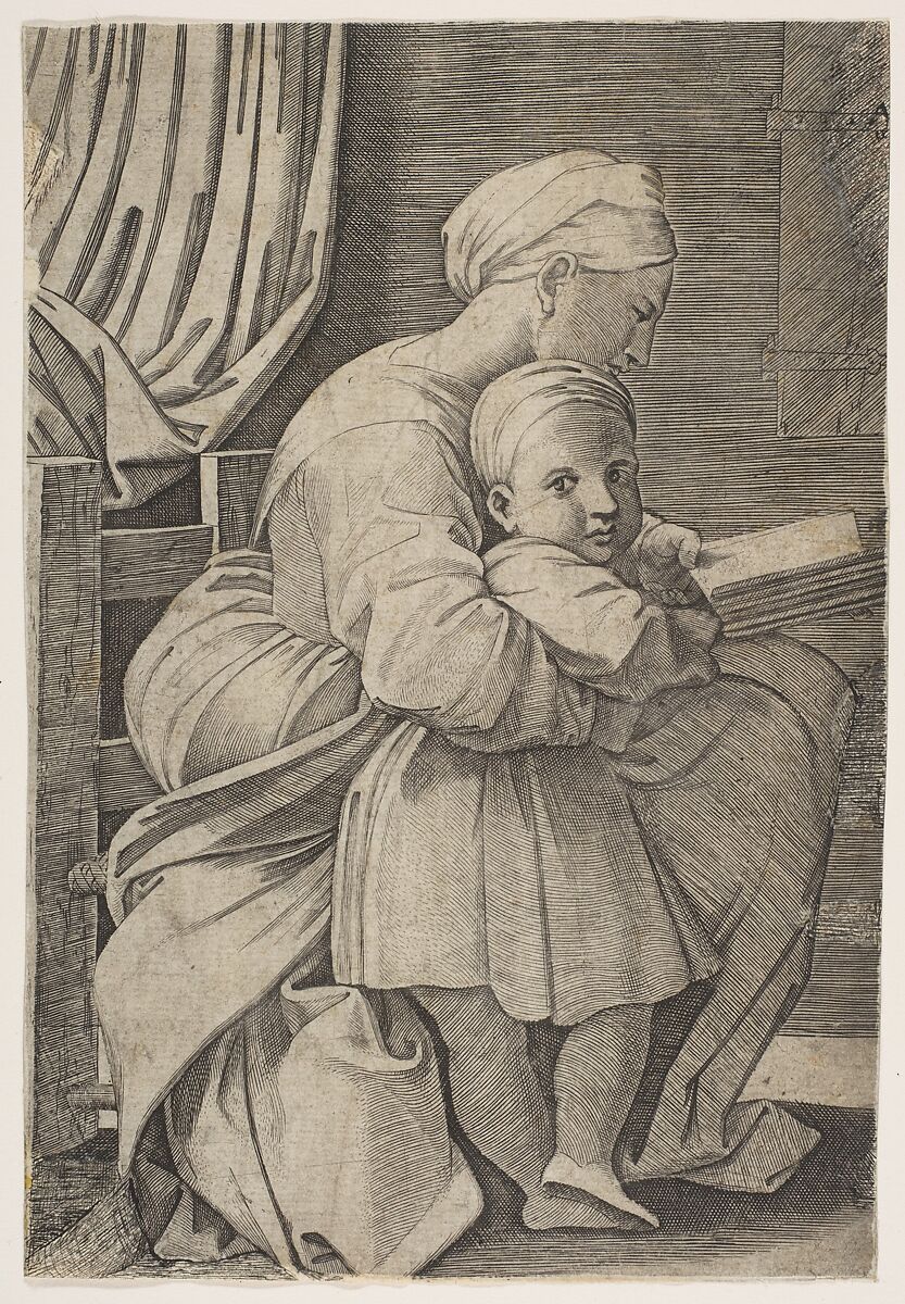 The Virgin in profile facing right reading to the infant Christ, Attributed to Marco Dente (Italian, Ravenna, active by 1515–died 1527 Rome), Engraving 