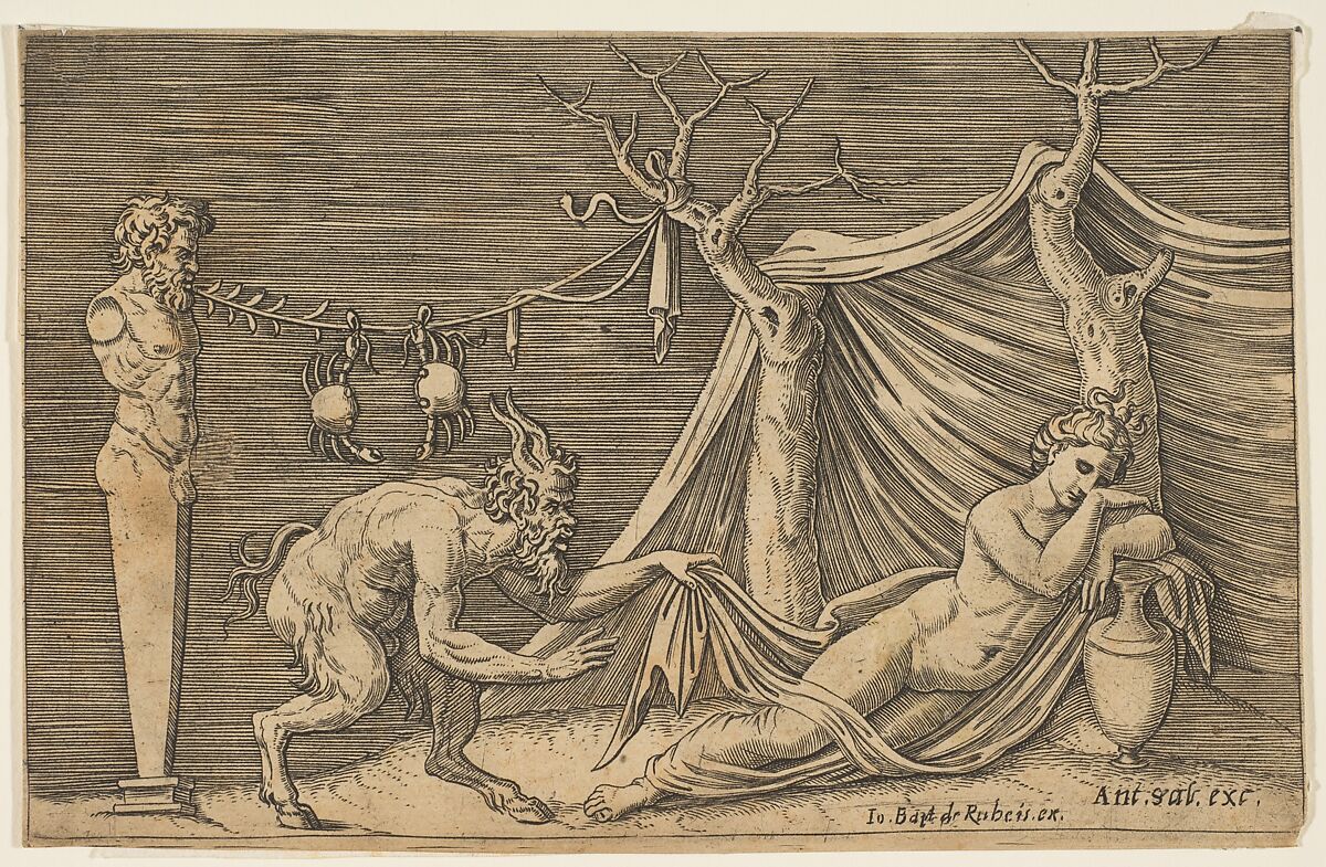 A satyr discovering a sleeping woman; two crabs hanging from a rope which is strung between a term and a tree, Marco Dente (Italian, Ravenna, active by 1515–died 1527 Rome), Engraving 