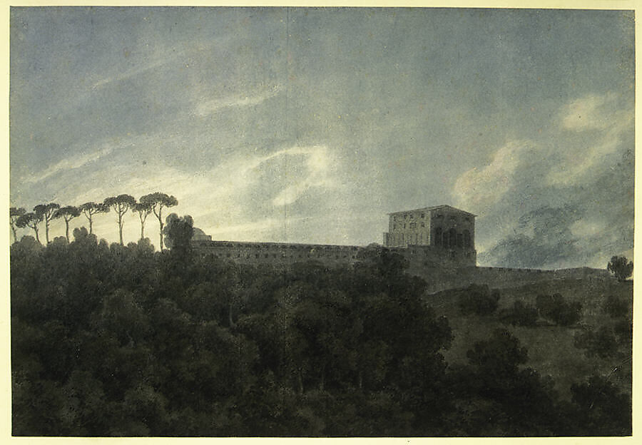 View of the Villa Lante on the Janiculum in Rome, John Robert Cozens (British, London 1752–1797 London), Brush and watercolor over traces of graphite