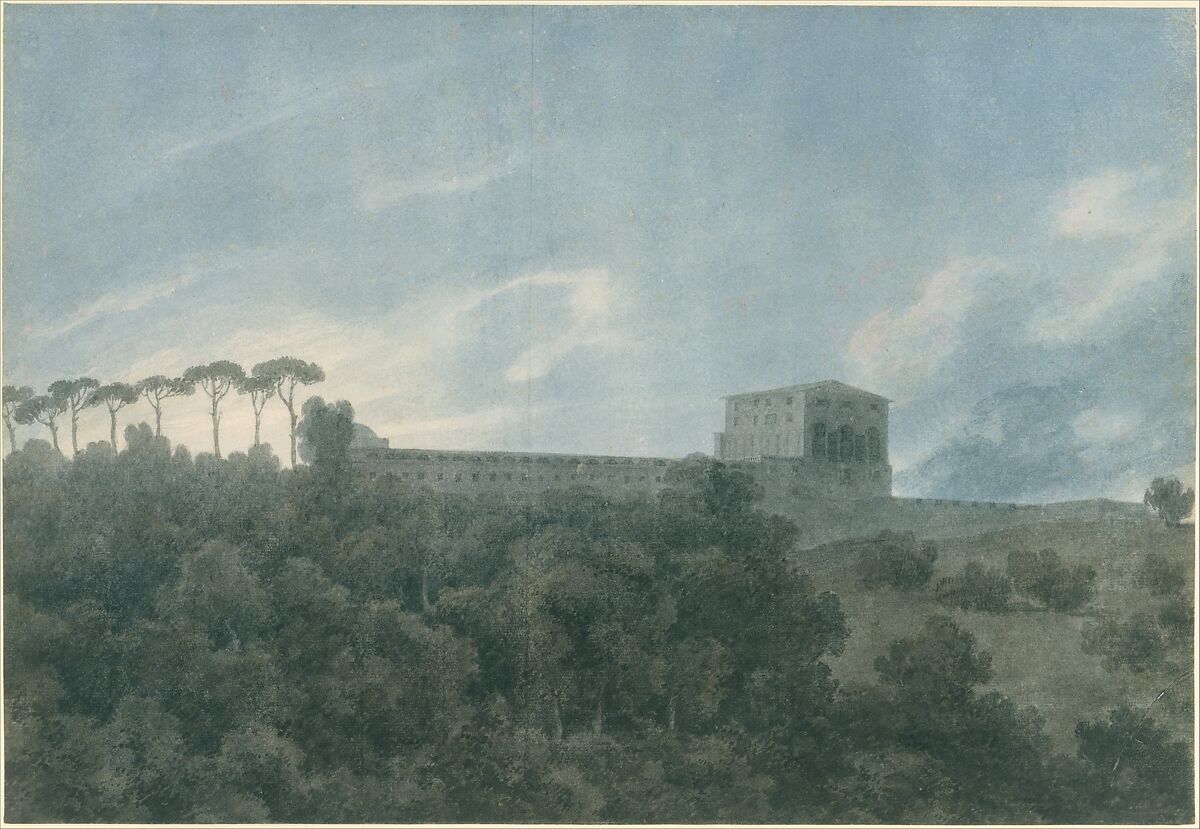 View of the Villa Lante on the Janiculum in Rome, John Robert Cozens (British, London 1752–1797 London), Brush and watercolor over traces of graphite