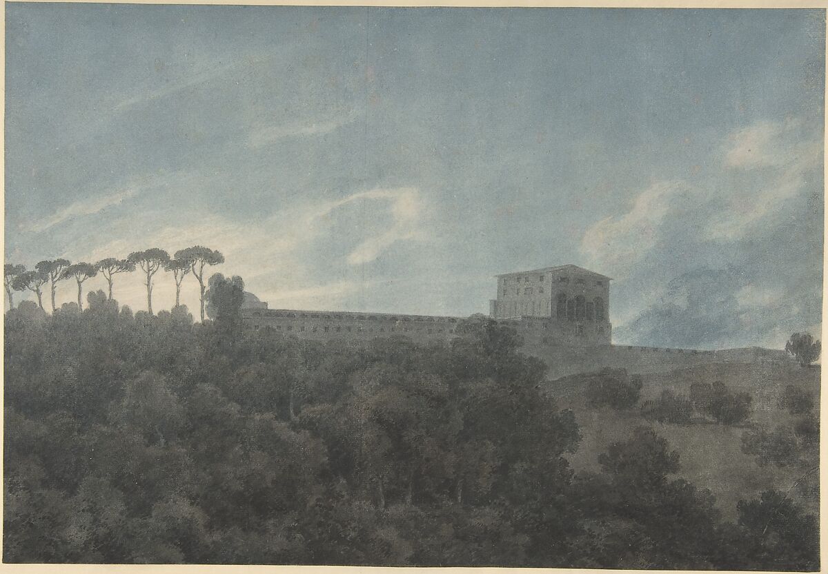 View of the Villa Lante on the Janiculum in Rome, John Robert Cozens (British, London 1752–1797 London), Brush and watercolor over traces of graphite 
