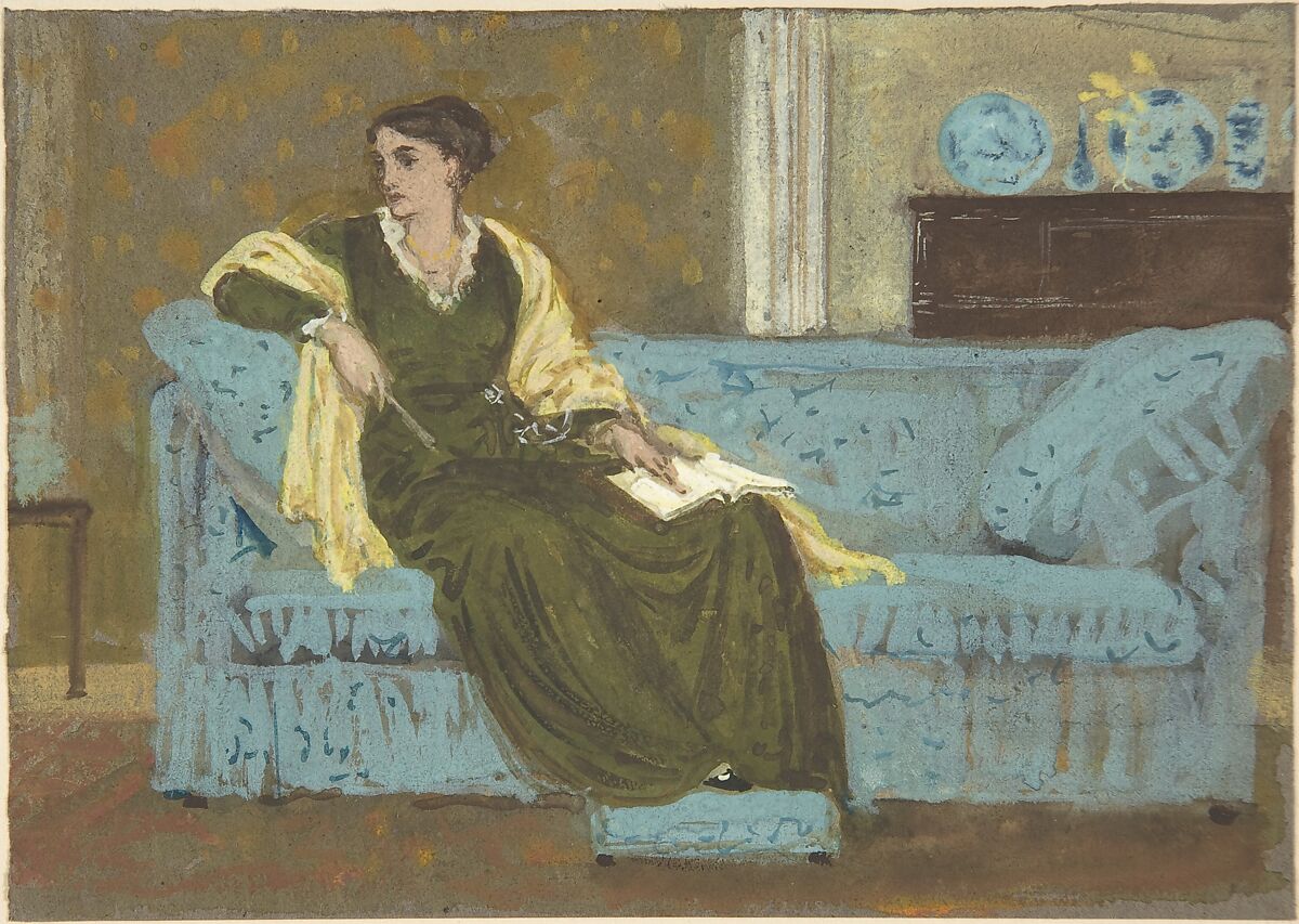 Woman Seated on a Sofa, Walter Crane (British, Liverpool 1845–1915 Horsham), Watercolor and gouache (bodycolor) over graphite 
