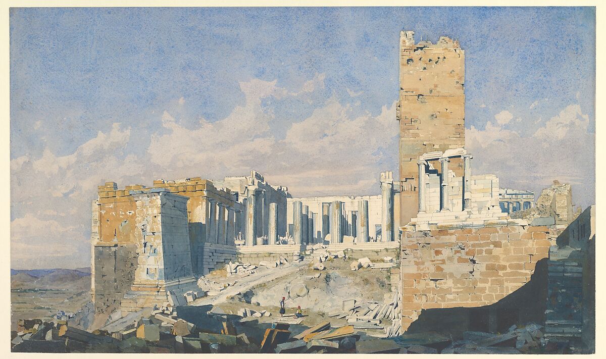 The Acropolis from the West, with the Propylaea and the Temple of Athena Nike, Athens, Thomas Hartley Cromek (British, London 1809–1873 Wakefield), Watercolor over graphite 