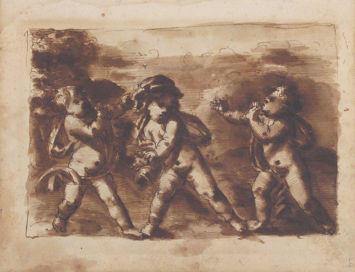 Three Dancing Putti, Leonardo Scaglia (Italian, documented Perugia, Ancona, 1640–1650), Pen and brown ink, brush and brown wash