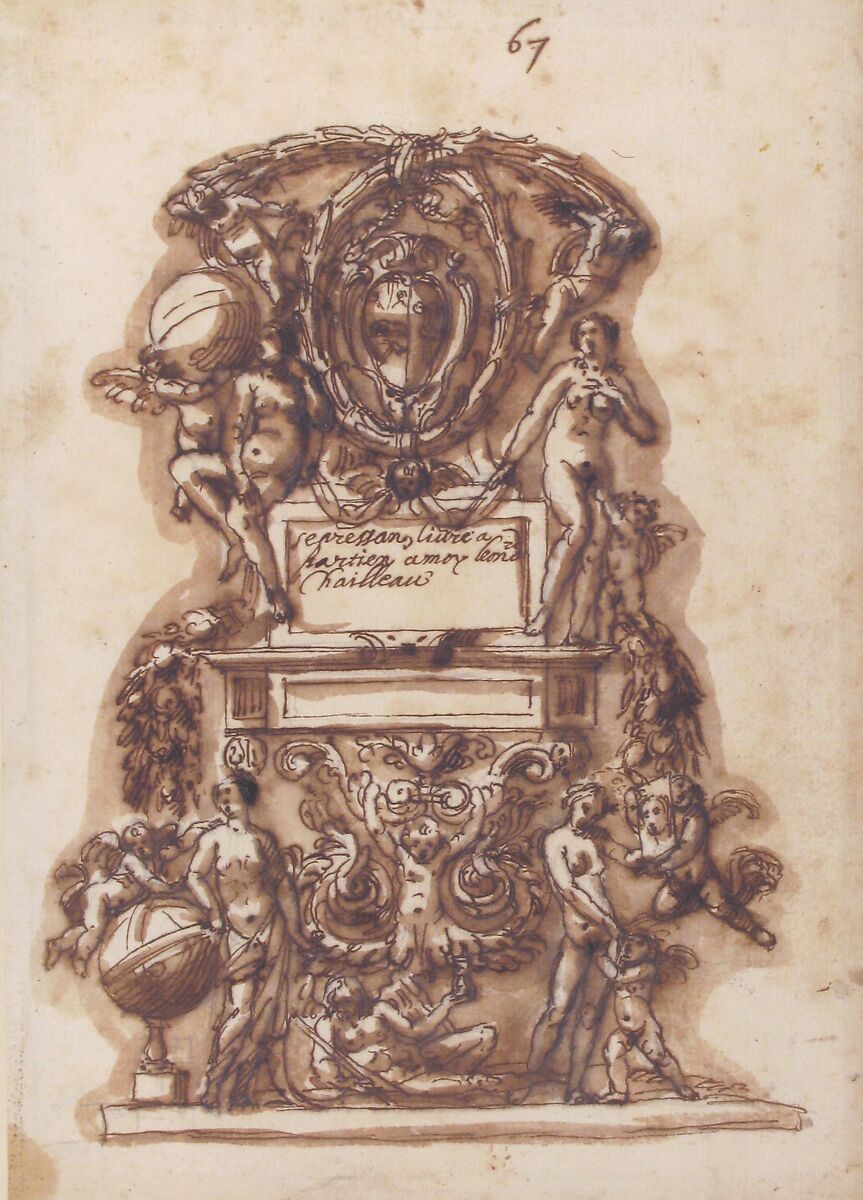 Ornamental Motif Surmounted by a Coat of Arms, Leonardo Scaglia (Italian, documented Perugia, Ancona, 1640–1650), Pen and brown ink, brown wash