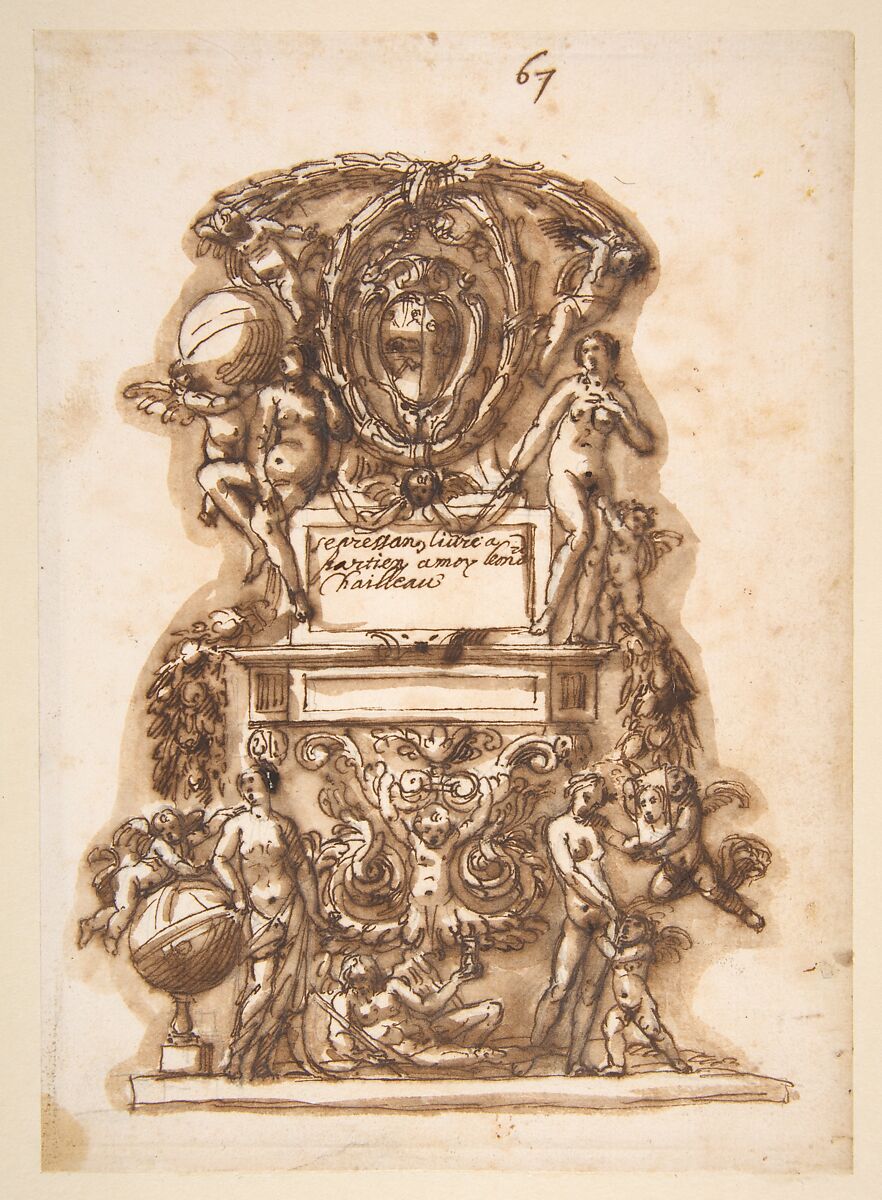 Ornamental Motif Surmounted by a Coat of Arms, Leonardo Scaglia (Italian, documented Perugia, Ancona, 1640–1650), Pen and brown ink, brown wash 