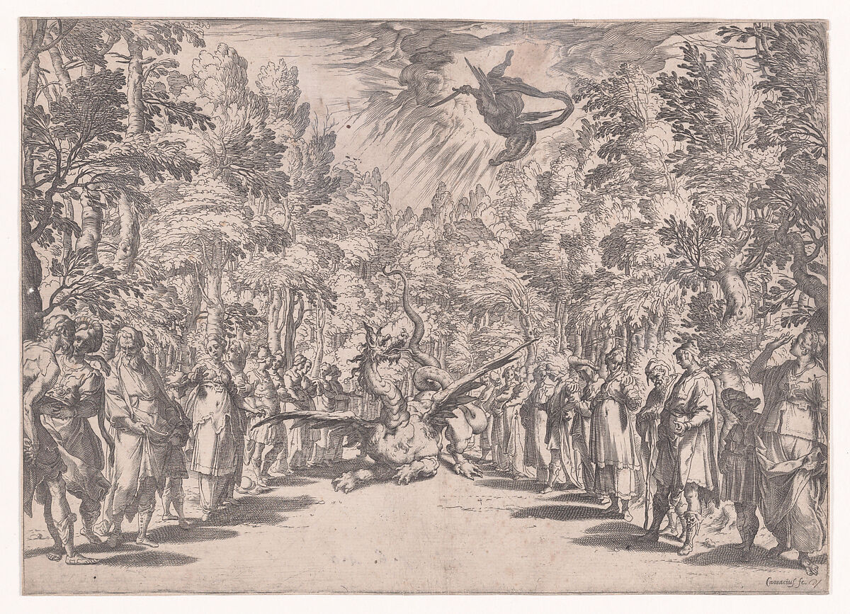 Stage set for the marriage of Ferdinand de' Medici and Christine of Lorraine in Florence in 1589; Apollo and the Python, Agostino Carracci (Italian, Bologna 1557–1602 Parma), Etching and engraving 